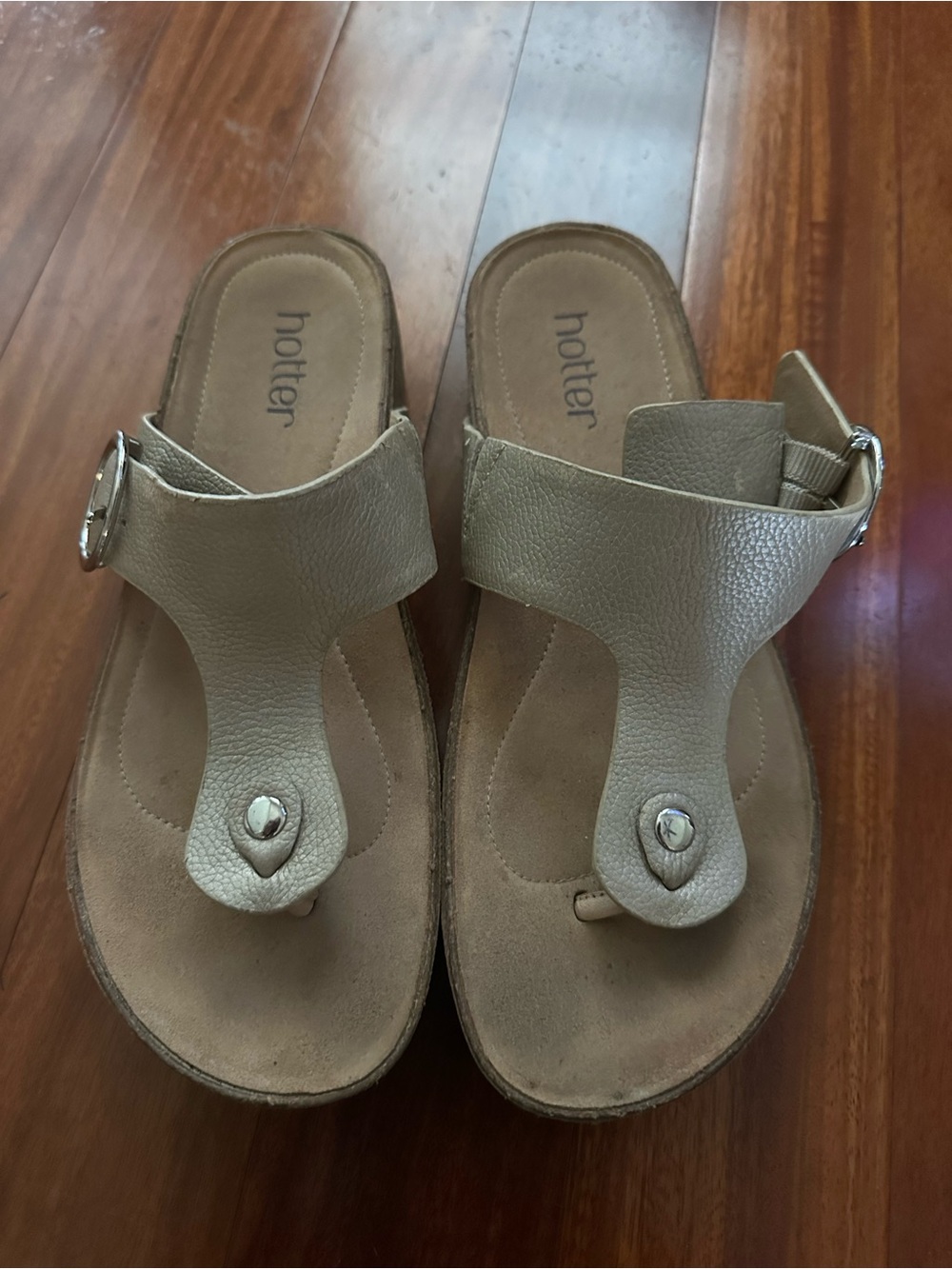 hotter Beige Taupe Leather Thong Sandals with Buckle
